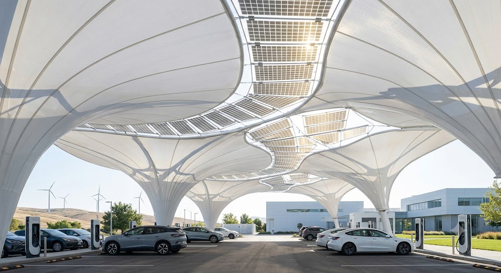 Membrane Structure Sunshade Canopy For New Energy Charging Stations  Lonsun Tex Green Energy Facility Architectural Solution