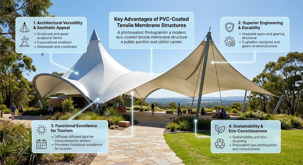 Lonsun Tex Custom Landscape And Tourism Tensile Fabric Shade Structures For Resorts And Parks