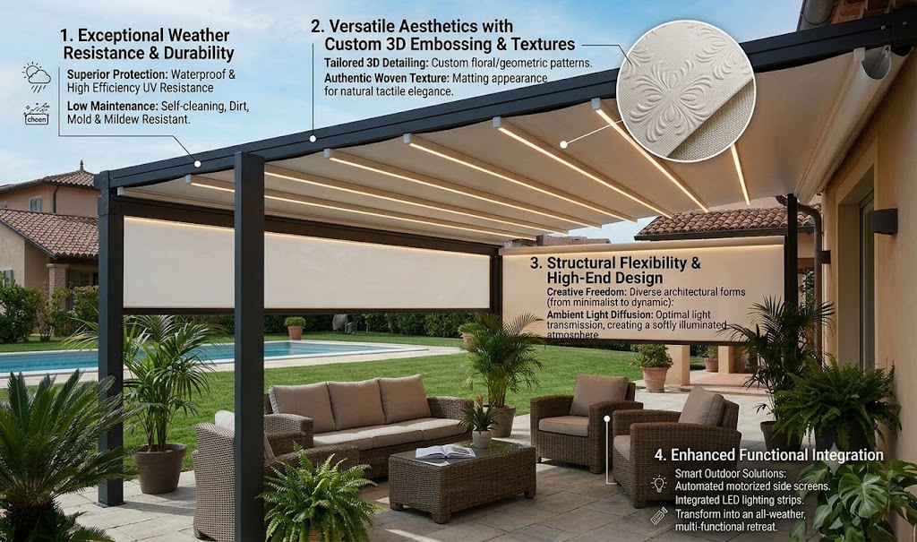 HighTenacity Pvc Pergola Tent Fabric With DualSided Acrylic Coating
