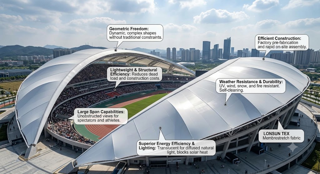 Lonsun Tex Custom Stadium Tensile Membrane Structure And Sports Stadium Roofing Solution