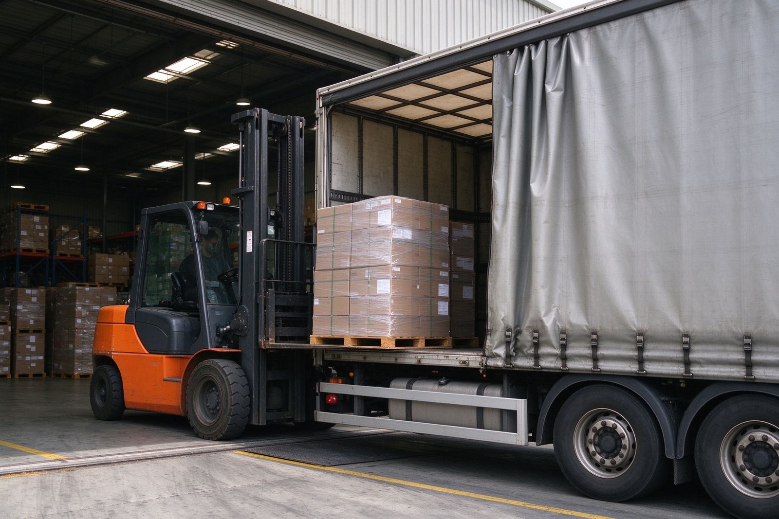 Curtainsider Trailer With Side Curtain Fully Open, Forklift Loading Pallets